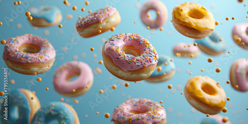 Fliegende bunte leckere Donuts mit Glasur und Streussel als Webdesign und Druckvorlage für Poster photo