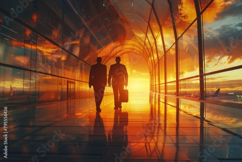 A man and woman walk through a glass tunnel with a sunset in the background
