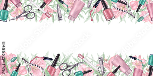 Manicure instruments and floral composition. Horizontal frame of nail pink, green polish, trimmer, cuticle scissors, clippers for nail treatment. Watercolor illustration for label, beauty salon design