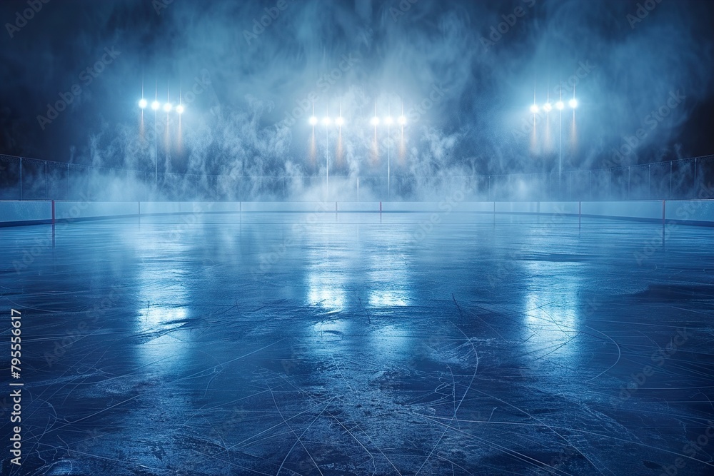abstract frozen Hockey ice rink with smoke on dark background, studio room with smoke, empty ice room on dark blue background, banner poster design,empty dark scene, neon light, spotlights