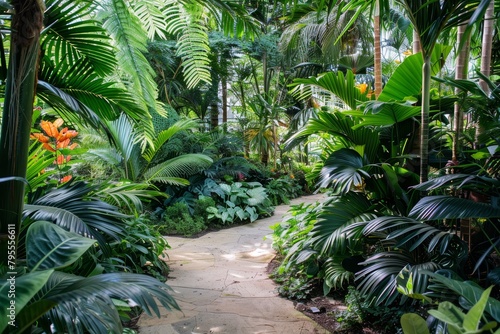 A lush tropical rainforest, with dense foliage and exotic plants creating a rich tapestry of greenery