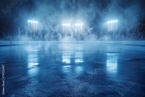 abstract frozen Hockey ice rink with smoke on dark background  studio room with smoke  empty ice room on dark blue background  banner poster design empty dark scene  neon light  spotlights