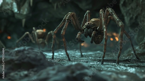 Humanfaced spiders crawling in a dark, surreal hell environment photo