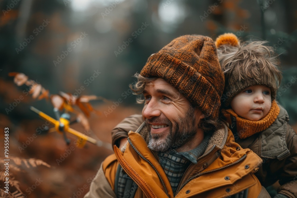Father and small child enjoying a moment in autumn forest together Father and small child enjoying a moment in autumn forest together