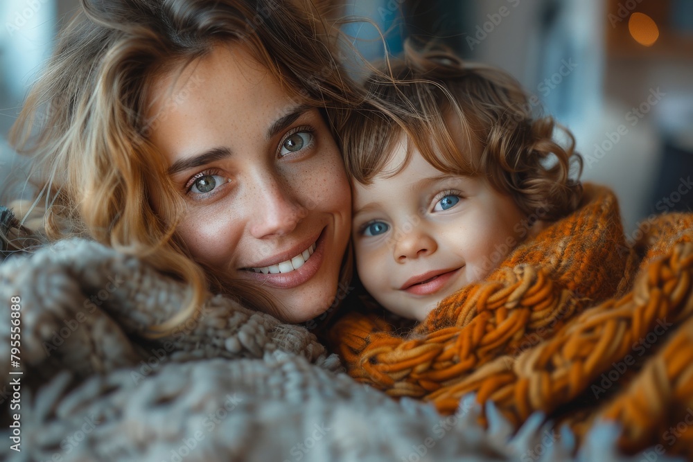 A mother cuddling with her young child, radiating warmth and affection A mother cuddling with her young child, radiating warmth and affection
