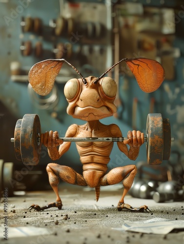 A buff insect is lifting weights in a garage. He is sweating and looks like he is struggling. photo