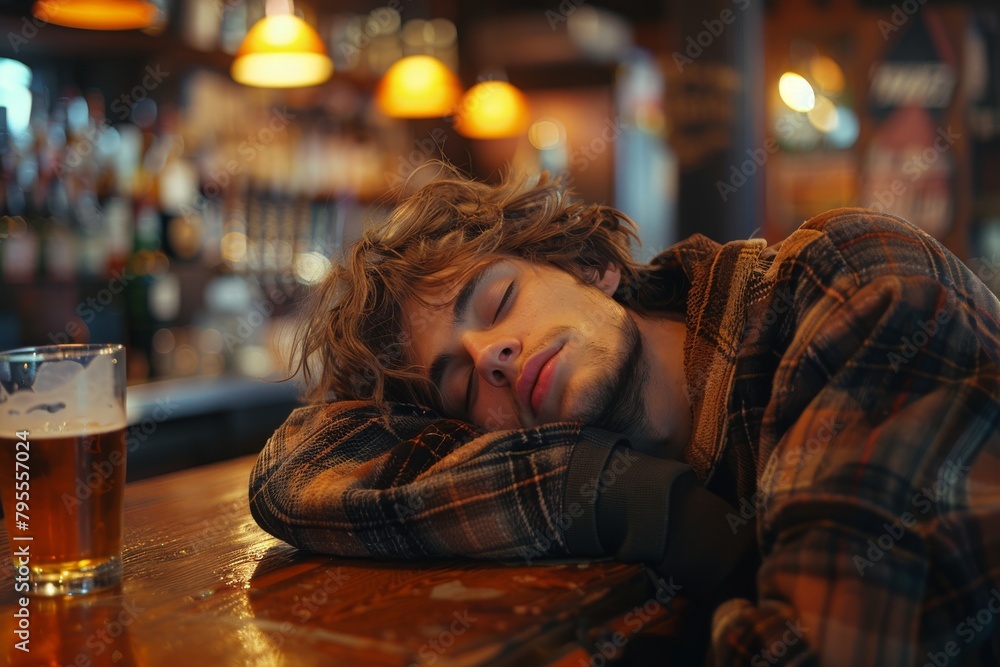 Obraz premium This candid shot captures a young male deeply asleep on a table in a bar, with a beer beside him