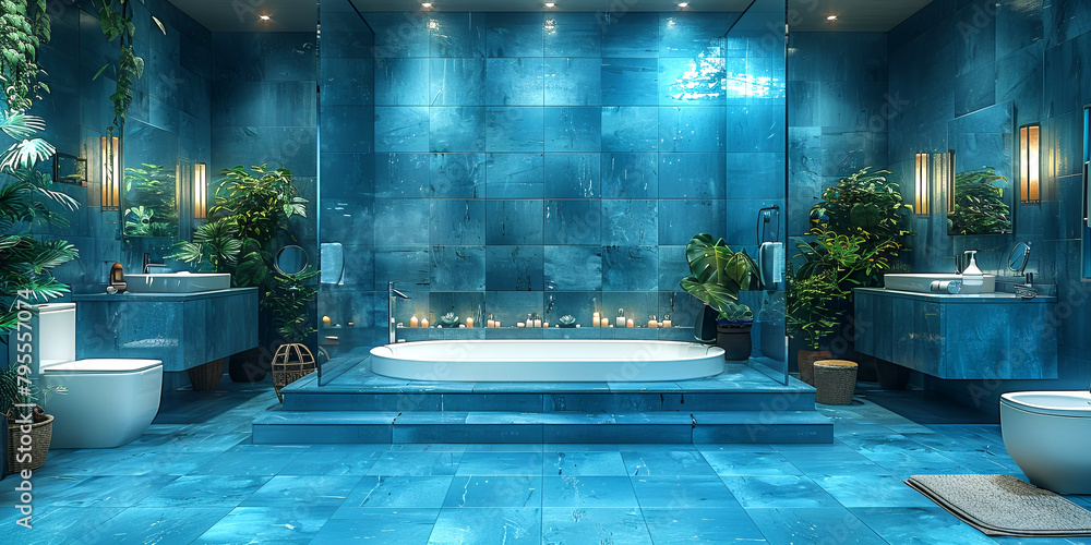 Interior of bathroom in blue color in modern house.