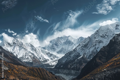 A majestic mountain range, with rugged peaks and clear skies