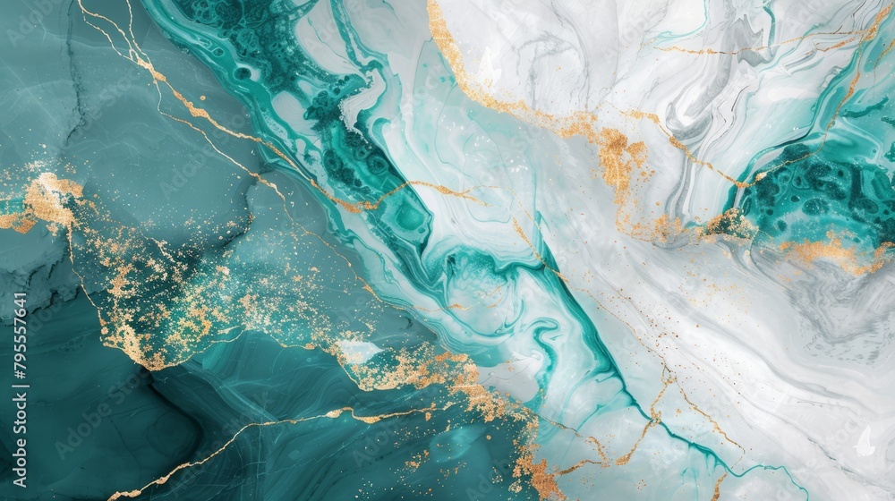 Artistic rendering of a turquoise and white marble background, featuring intricate gold cracks that add a touch of opulence