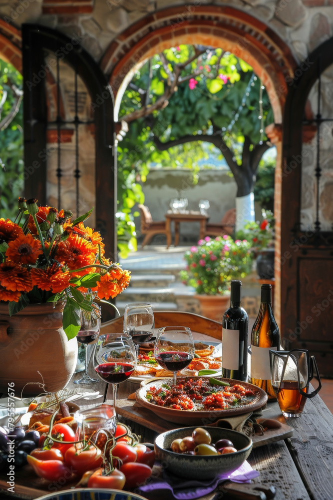 Mexican food, glasses, and wine on table Mexican food, glasses, and wine on table