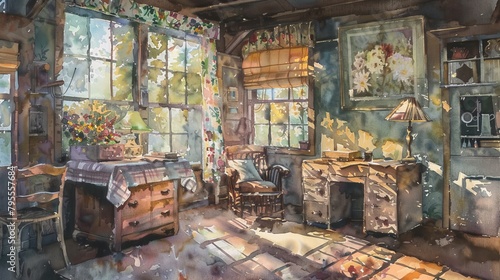 Artistic watercolor of a cozy sewing room with sunlight filtering through windows