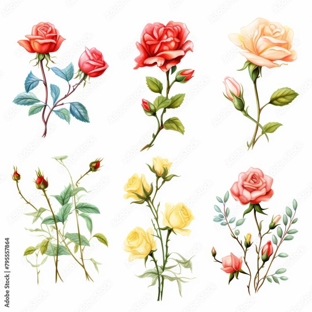 Artistic set of roses rendered in watercolor, showcasing soft, natural hues, perfectly isolated on a white backdrop, water color, drawing style, isolated clear background