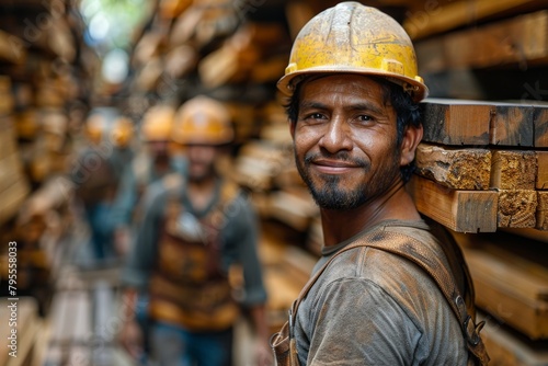 A happy construction worker with a beard poses in front of neatly stacked lumber with colleagues in the background photo
