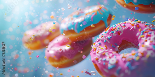 Fliegende bunte leckere Donuts mit Glasur und Streussel als Webdesign und Druckvorlage, ai generativ