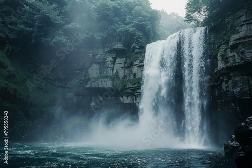 A majestic waterfall, with cascading water and misty spray