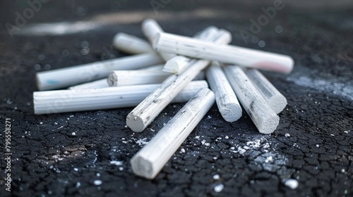 Cigarette sticks litter the ground among other discarded items photo