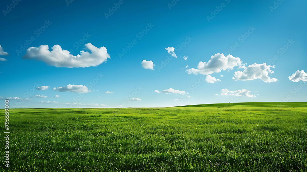 a lush green field under a clear blue sky with fluffy white clouds