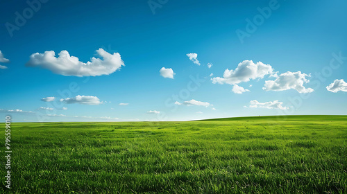a lush green field under a clear blue sky with fluffy white clouds