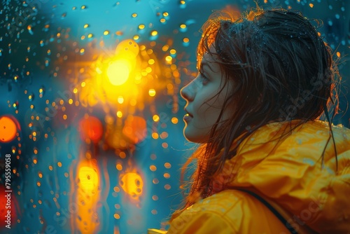 A reflective moment as a person in a bright yellow raincoat gazes out at a rainy scene, droplets splashing against the window pane