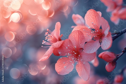 Beautiful orange flowers bloom on slender branches with soft bokeh in a dreamy, serene floral scene