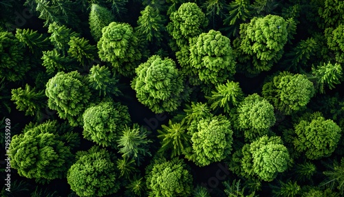 Aerial top view of green forest and forest trail. Drone view of green trees captures CO2. Green trees background for carbon neutrality and net zero emissions concept. 