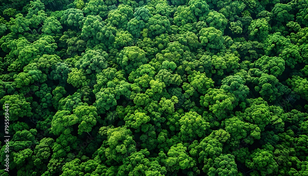 Aerial top view of green trees in forest. Drone view of dense green tree captures CO2. Green tree nature background for carbon neutrality and net zero emissions concept. 