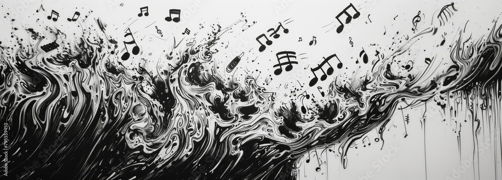 Abstract musical wave with ink splatters