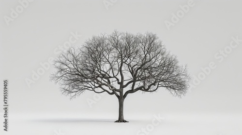 Bare winter tree with intricate branches, isolated on a grey background © Patcharaphorn