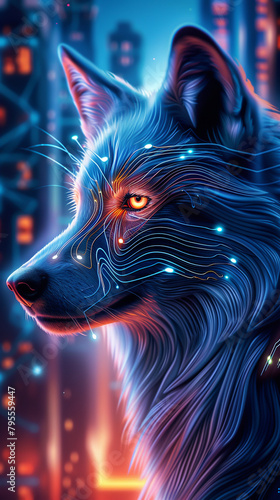 A wolf with glowing eyes and a long, flowing mane. The image is a digital drawing of a wolf in a city setting