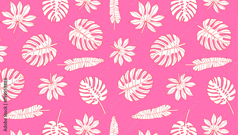 Tropical leaves pattern on pink background. Exotic plants illustration. Design for textile print, wallpaper, product packaging. Botanical summer backdrop. 