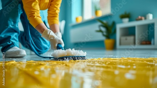 A focused cleaner scrubs diligently, conquering every nook and cranny, leaving a home refreshed and impeccably clean photo