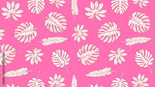 Tropical leaves pattern on pink background. Exotic plants illustration. Design for textile print, wallpaper, product packaging. Botanical summer backdrop. 