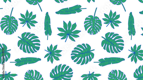 Tropical leaves pattern on white background. Exotic plants illustration. Design for textile print, wallpaper, product packaging. Botanical summer backdrop. 