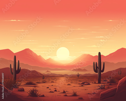 Desert Dusk Illustration An evocative depiction of a desert scene at sunset, with long shadows and warm hues, perfect for travel brochures or cultural festival posters