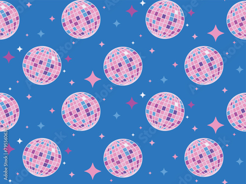 Seamless pattern with mirror shiny disco balls and stars. Vector colorful background in flat style.	