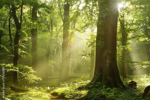 A serene woodland glen  with sunlight filtering through the trees
