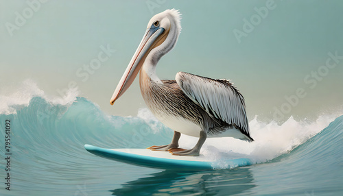 Pelican Riding Wave on Surfboard © Patrycia
