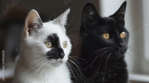 Two cats, one with black fur and the other with black and white fur, share a quiet moment in the soft light.