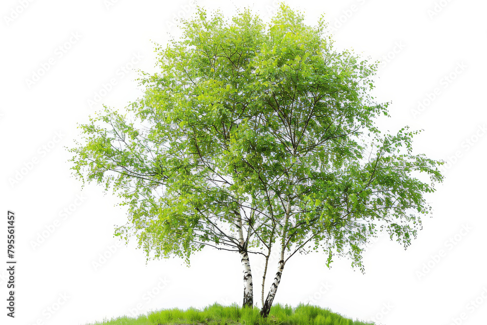 A single birch tree with green leaves on a white background A single birch tree with green leaves on a white background