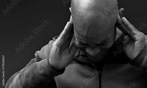 deaf man suffering from deafness and hearing loss on grey background with people stock photo 