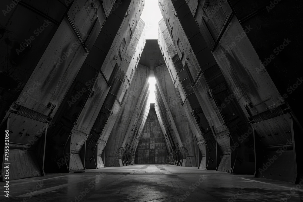 An imposing monochrome view from inside a missile silo, showcasing the ...