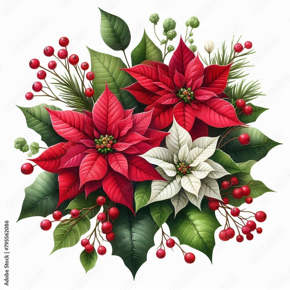  A beautiful bouquet of poinsettias, holly, and pine.