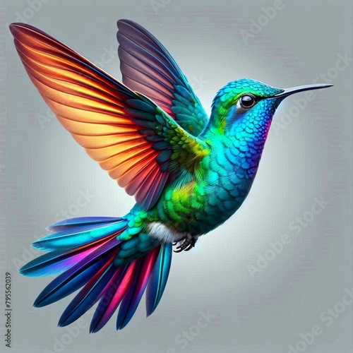  A vibrant hummingbird with gray background 