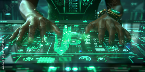 Illustration of woman hands working on green control screen with different bright green symbols in sci-fi style