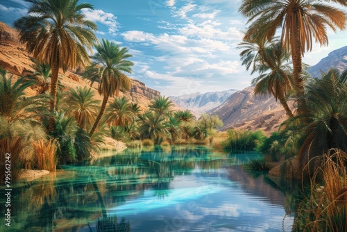 A tranquil desert oasis  with palm trees swaying in the breeze and a shimmering pool of water