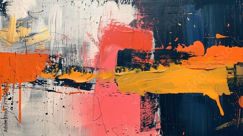 Abstract painting featuring a collision of bold strokes in vivid orange, yellow, and red tones on a textured grey background.