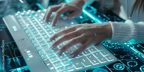 Woman in white typing on white keyboard on blue screen table with different symbols in sci-fi style