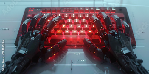 View on robot hands typing text on dark-red analog keypad on white table in sci-fi style