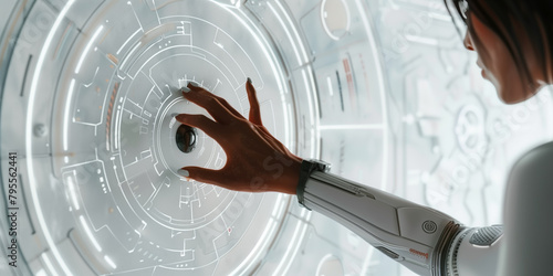 Woman in white pressing on black button on the control panel in sci-fi style